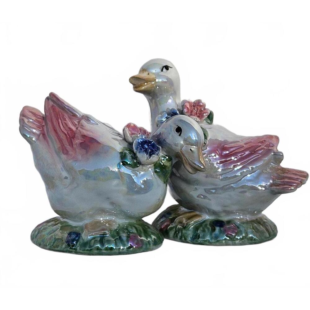Vintage 80s Iridescent Duck Pair Floral Ceramic Figurines Grandmacore Flawed